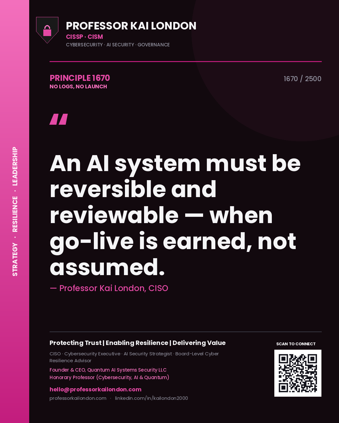 Quote card by Professor Kai London reading 'An AI system must be reversible and reviewable — when go-live is earned, not assumed.'. From the book No Logs, No Launch.