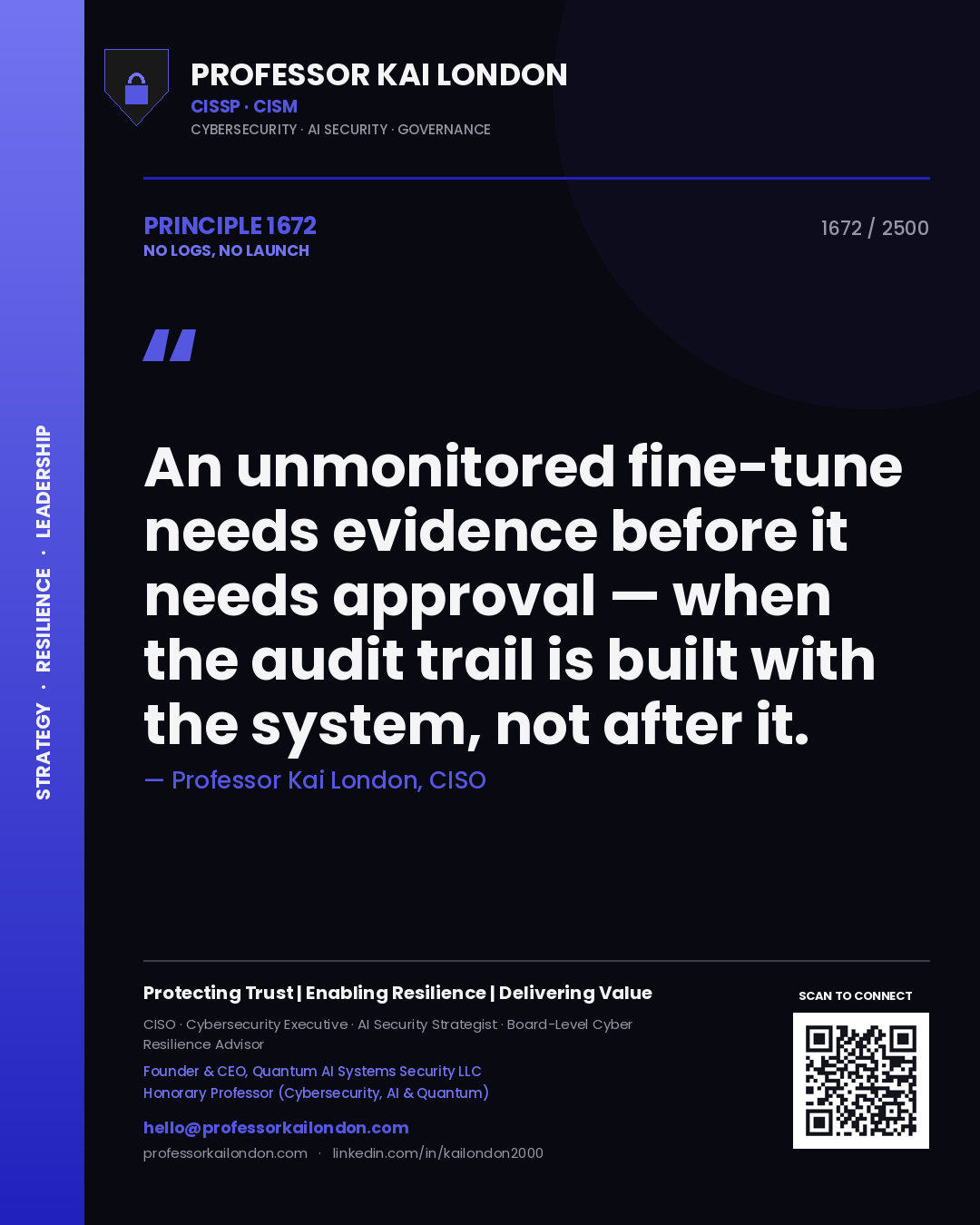Professor Kai London principle 1672: An unmonitored fine-tune needs evidence before it needs approval — when the audit trail is built with the system, not after it.