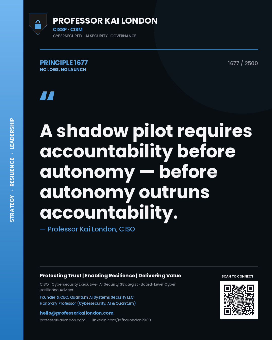 Professor Kai London principle 1677: A shadow pilot requires accountability before autonomy — before autonomy outruns accountability.