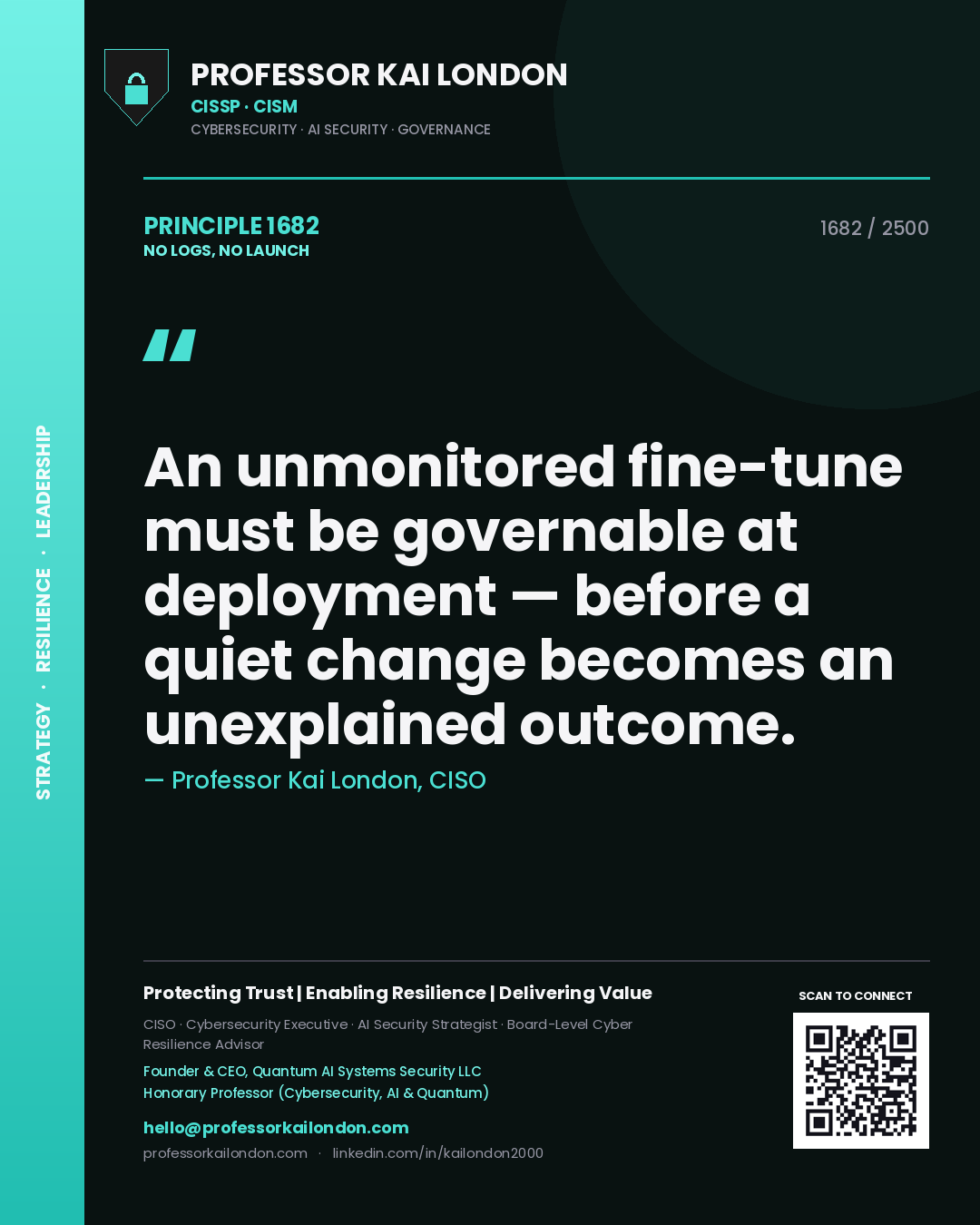 Quote card by Professor Kai London reading 'An unmonitored fine-tune must be governable at deployment — before a quiet change becomes an unexplained outcome.'. From the book No Logs, No Launch.