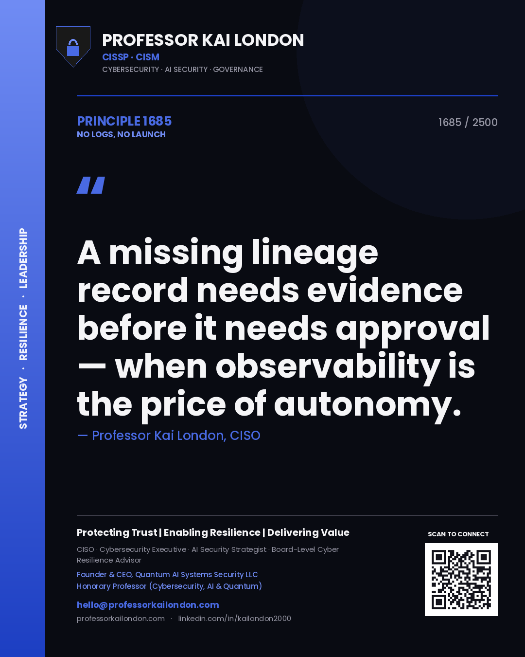 Professor Kai London principle 1685: A missing lineage record needs evidence before it needs approval — when observability is the price of autonomy.