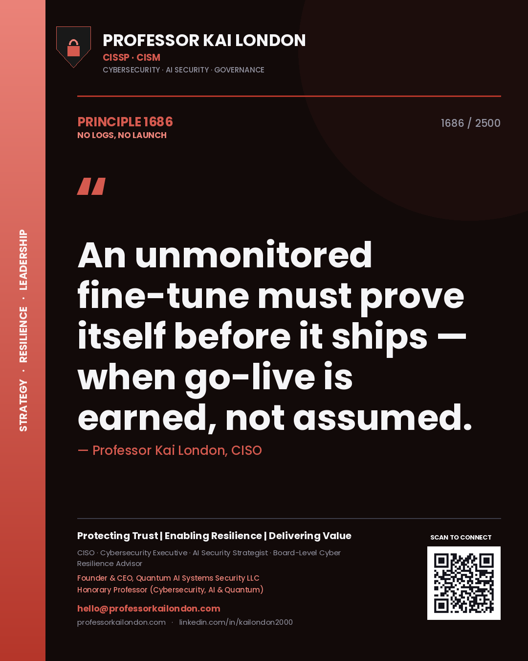 Quote card by Professor Kai London reading 'An unmonitored fine-tune must prove itself before it ships — when go-live is earned, not assumed.'. From the book No Logs, No Launch.