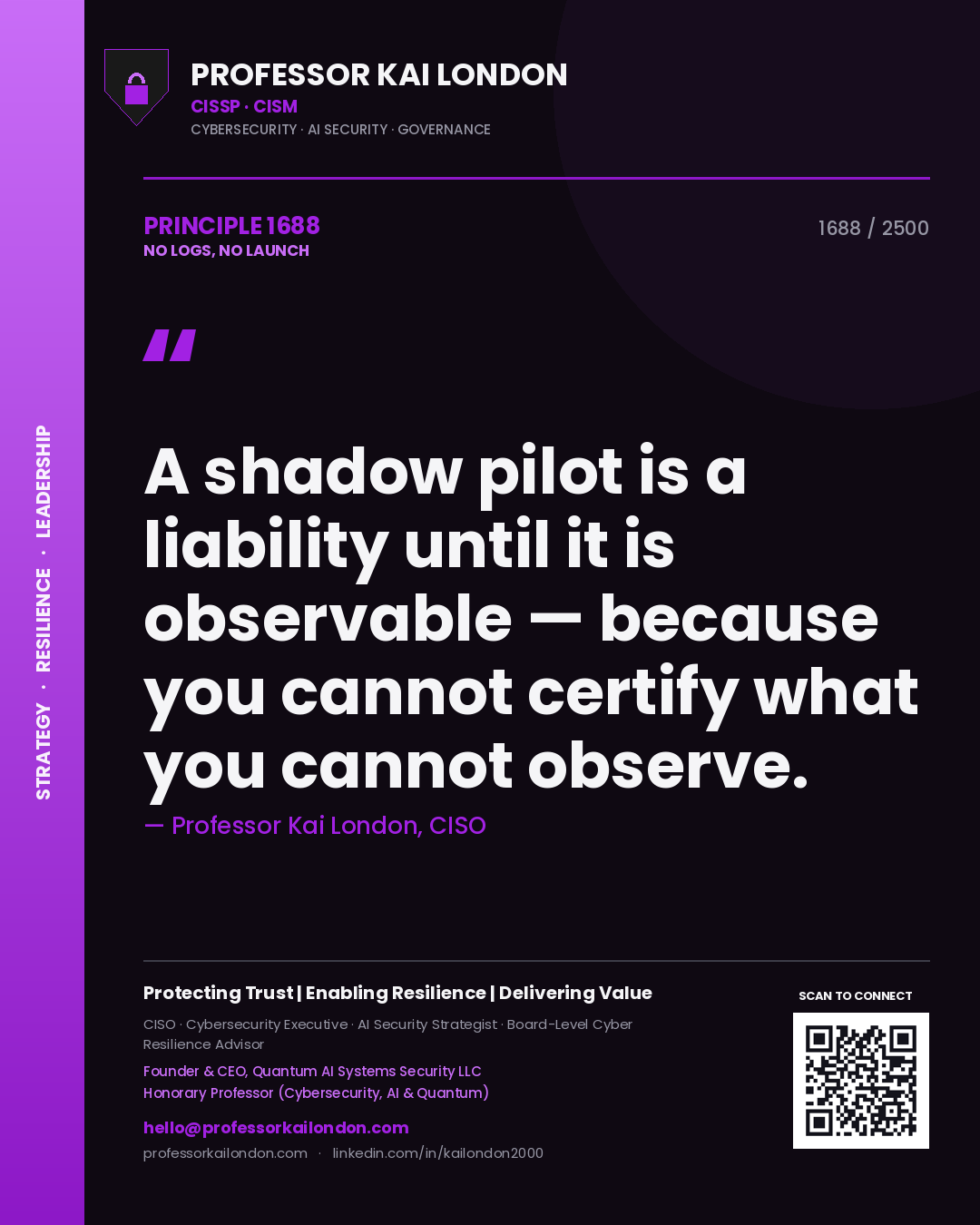 Quote card by Professor Kai London reading 'A shadow pilot is a liability until it is observable — because you cannot certify what you cannot observe.'. From the book No Logs, No Launch.