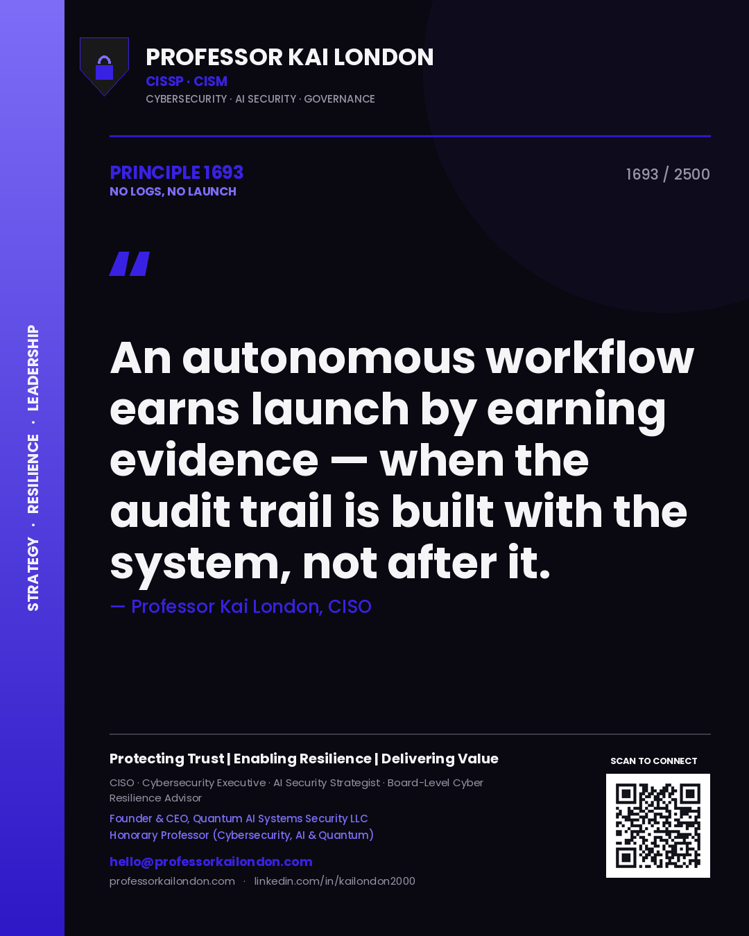Professor Kai London principle 1693: An autonomous workflow earns launch by earning evidence — when the audit trail is built with the system, not after it.