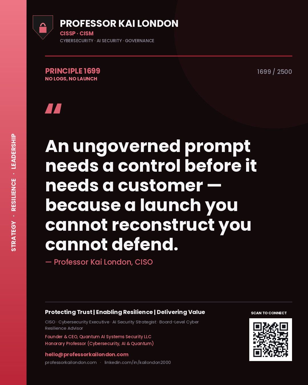 Professor Kai London principle 1699: An ungoverned prompt needs a control before it needs a customer — because a launch you cannot reconstruct you cannot defend.