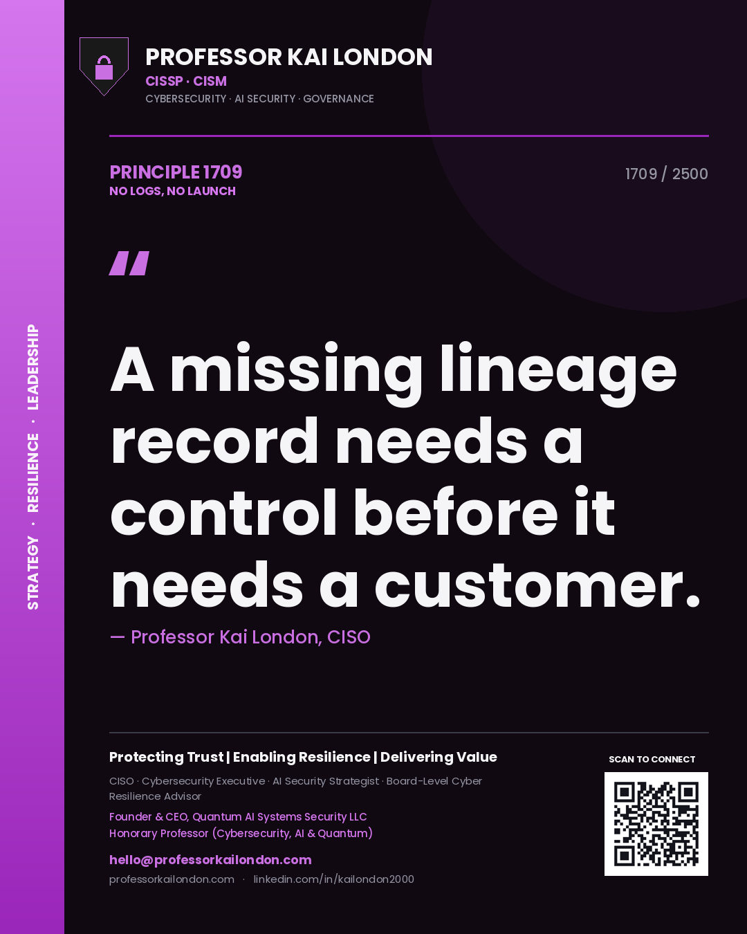 Quote card by Professor Kai London reading 'A missing lineage record needs a control before it needs a customer.'. From the book No Logs, No Launch.