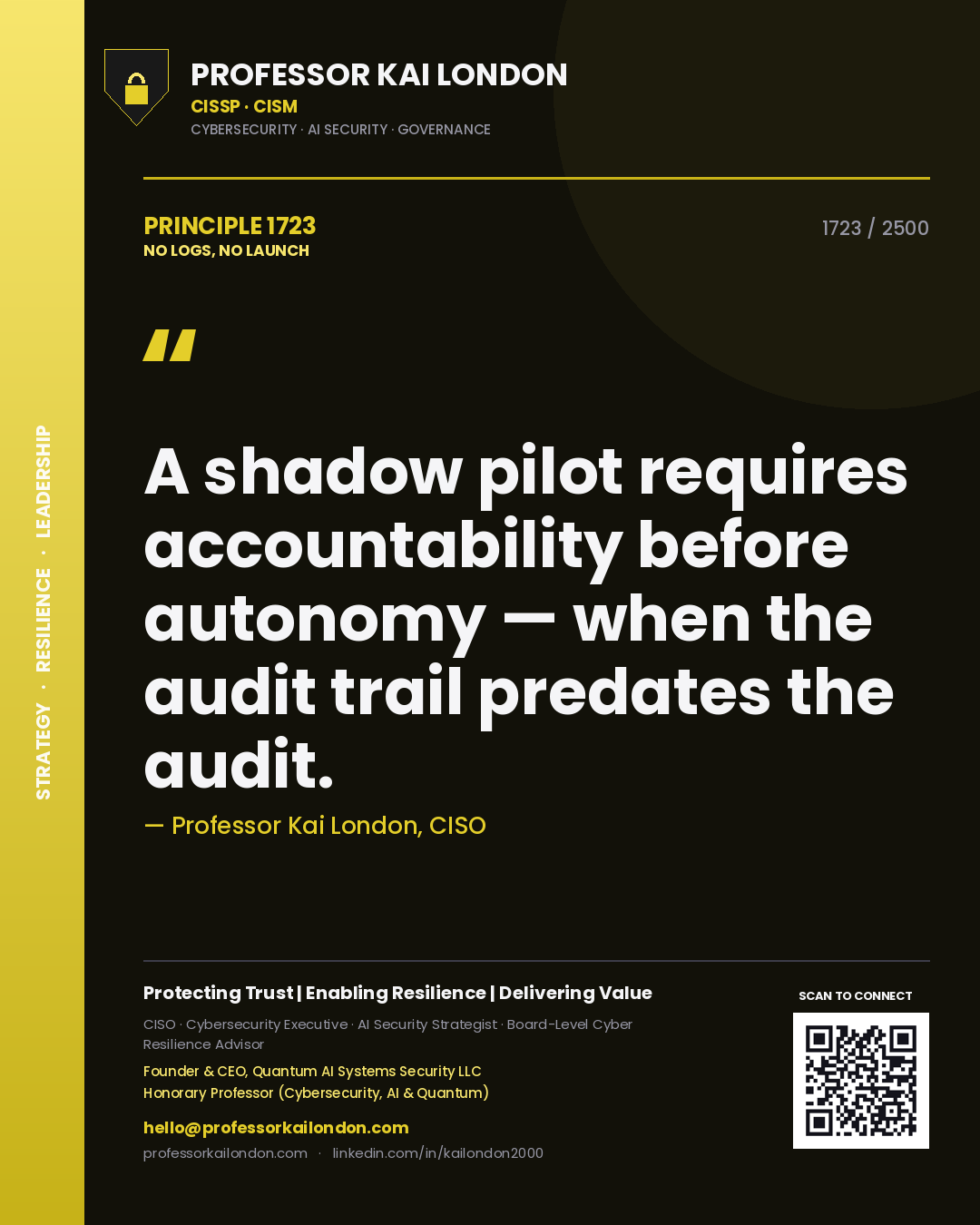 Professor Kai London principle 1723: A shadow pilot requires accountability before autonomy — when the audit trail predates the audit.