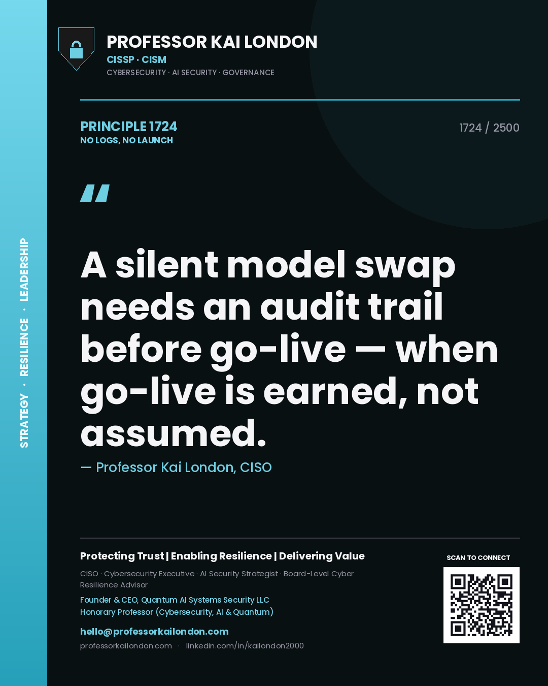 Quote card by Professor Kai London reading 'A silent model swap needs an audit trail before go-live — when go-live is earned, not assumed.'. From the book No Logs, No Launch.