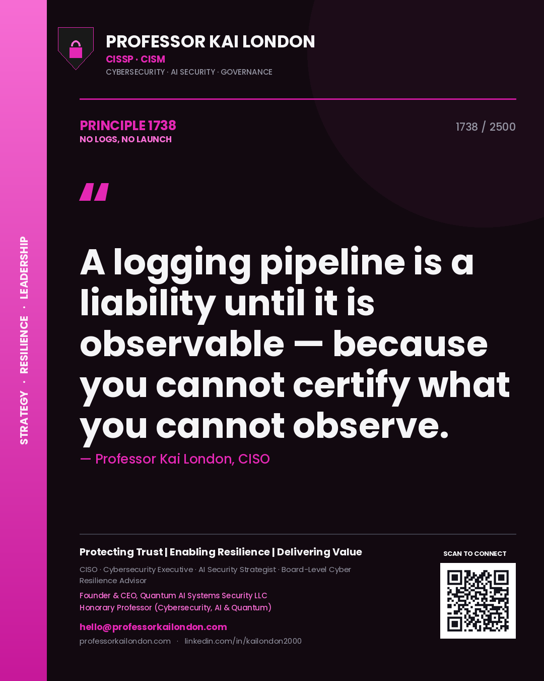 Quote card by Professor Kai London reading 'A logging pipeline is a liability until it is observable — because you cannot certify what you cannot observe.'. From the book No Logs, No Launch.