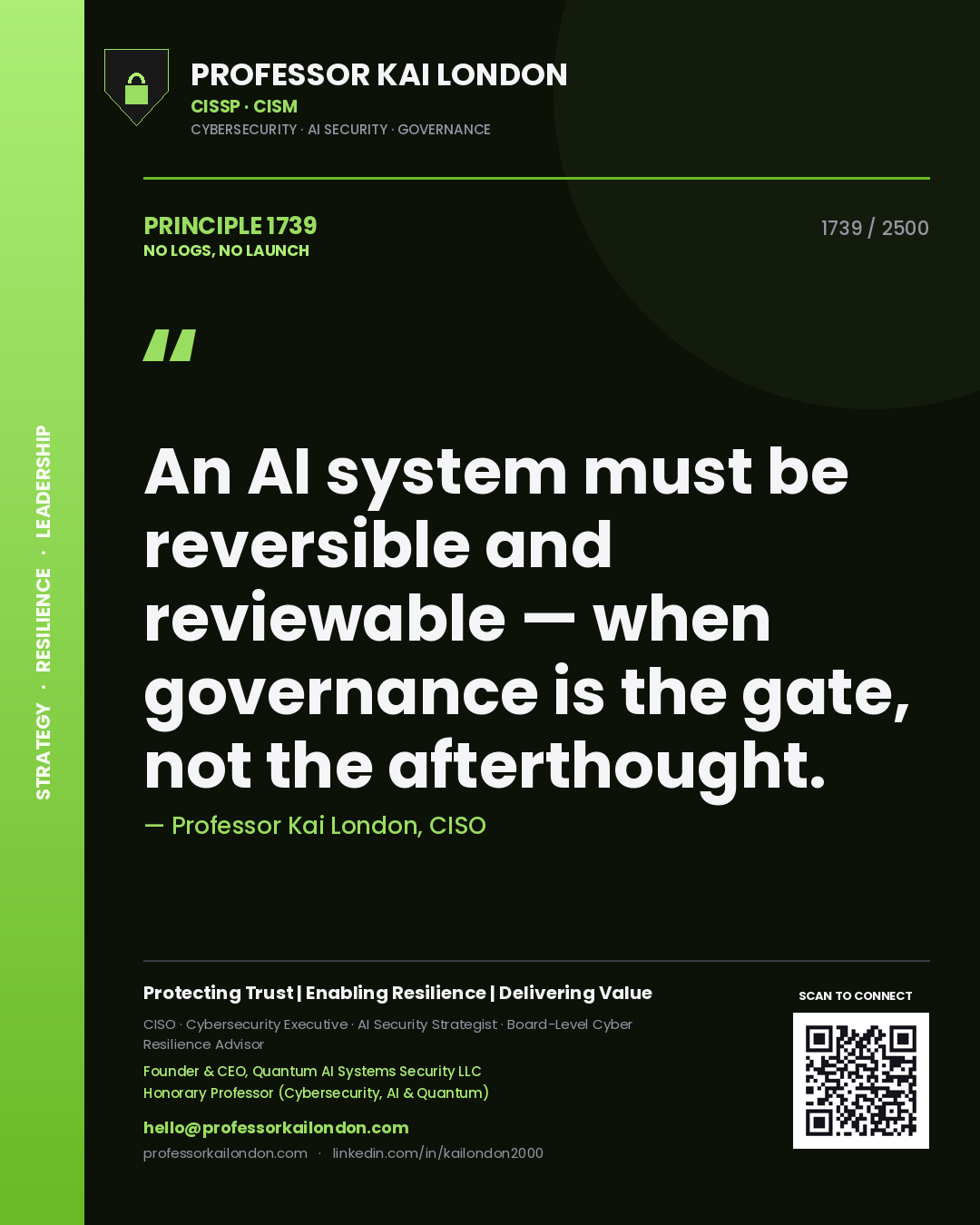Professor Kai London principle 1739: An AI system must be reversible and reviewable — when governance is the gate, not the afterthought.