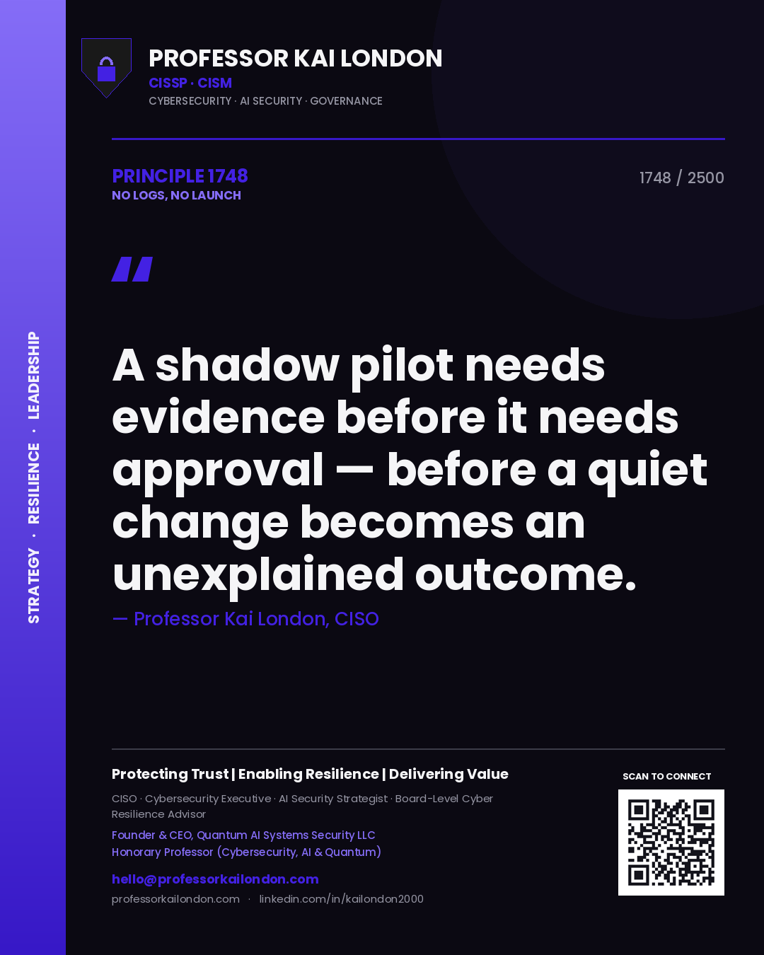 Professor Kai London principle 1748: A shadow pilot needs evidence before it needs approval — before a quiet change becomes an unexplained outcome.