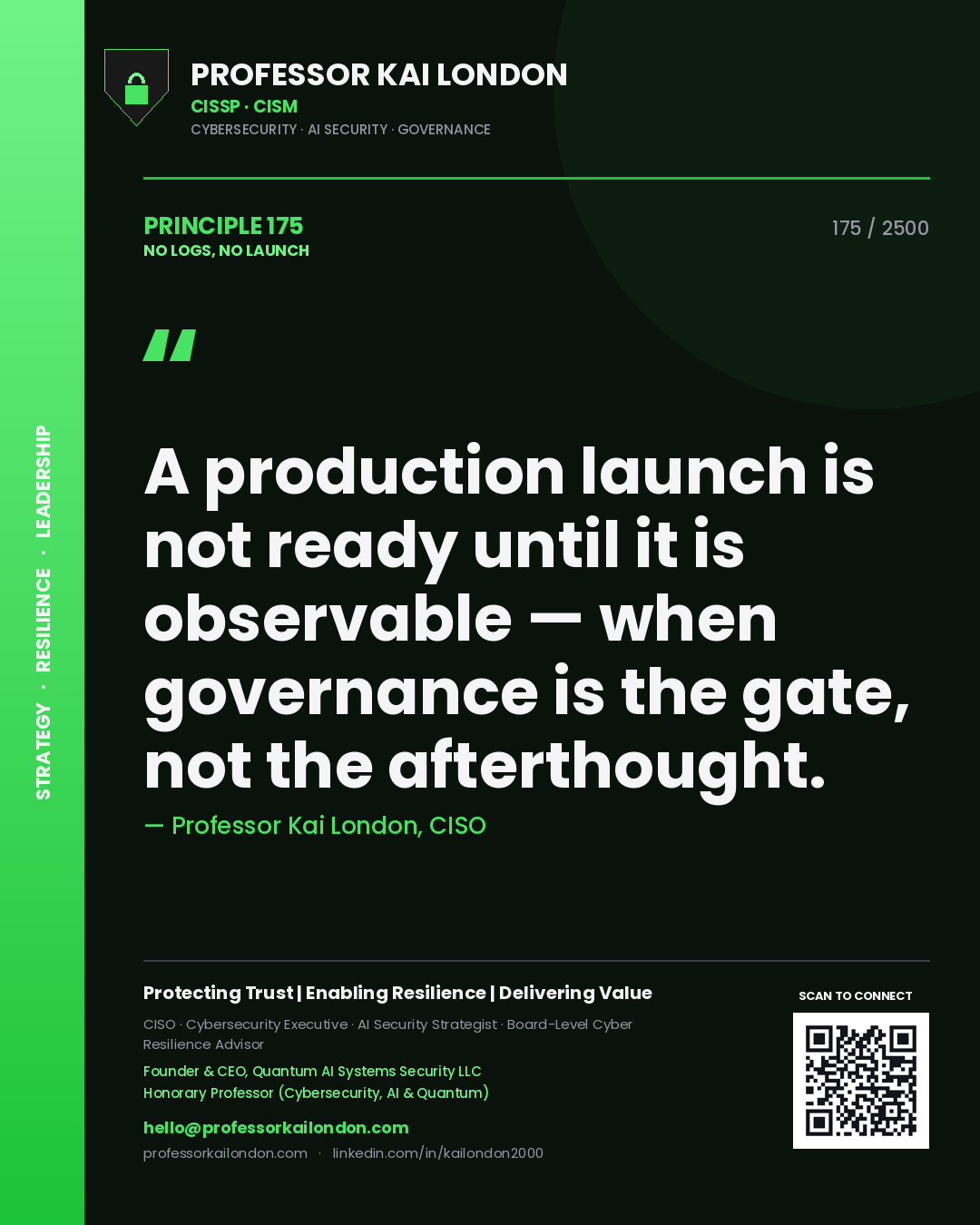 Professor Kai London principle 175: A production launch is not ready until it is observable — when governance is the gate, not the afterthought.