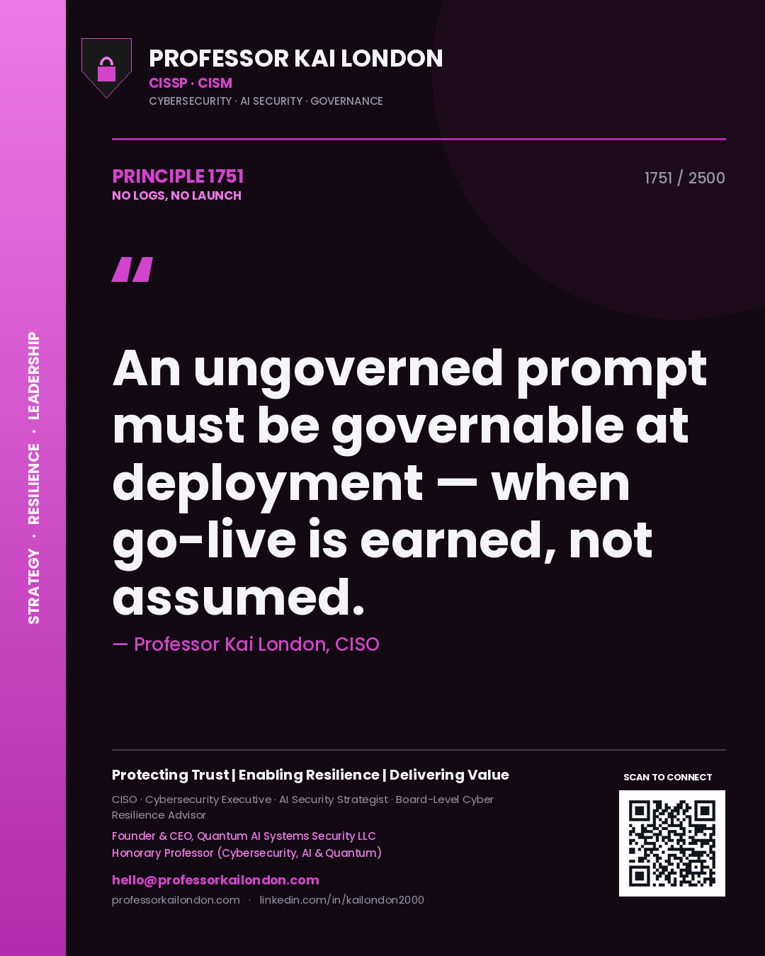 Professor Kai London principle 1751: An ungoverned prompt must be governable at deployment — when go-live is earned, not assumed.