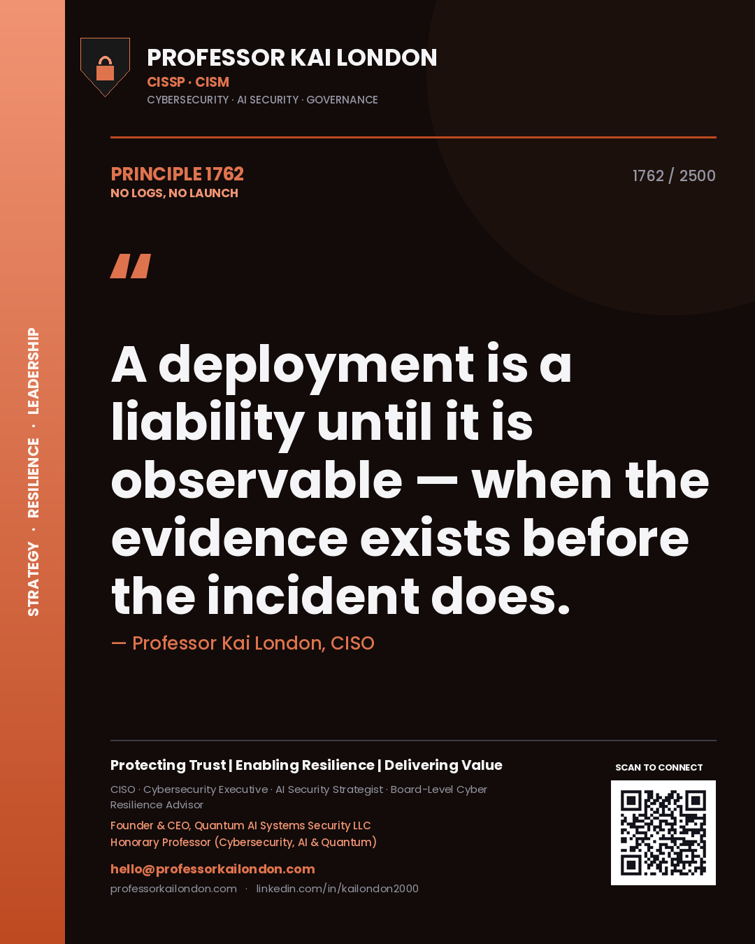 Professor Kai London principle 1762: A deployment is a liability until it is observable — when the evidence exists before the incident does.