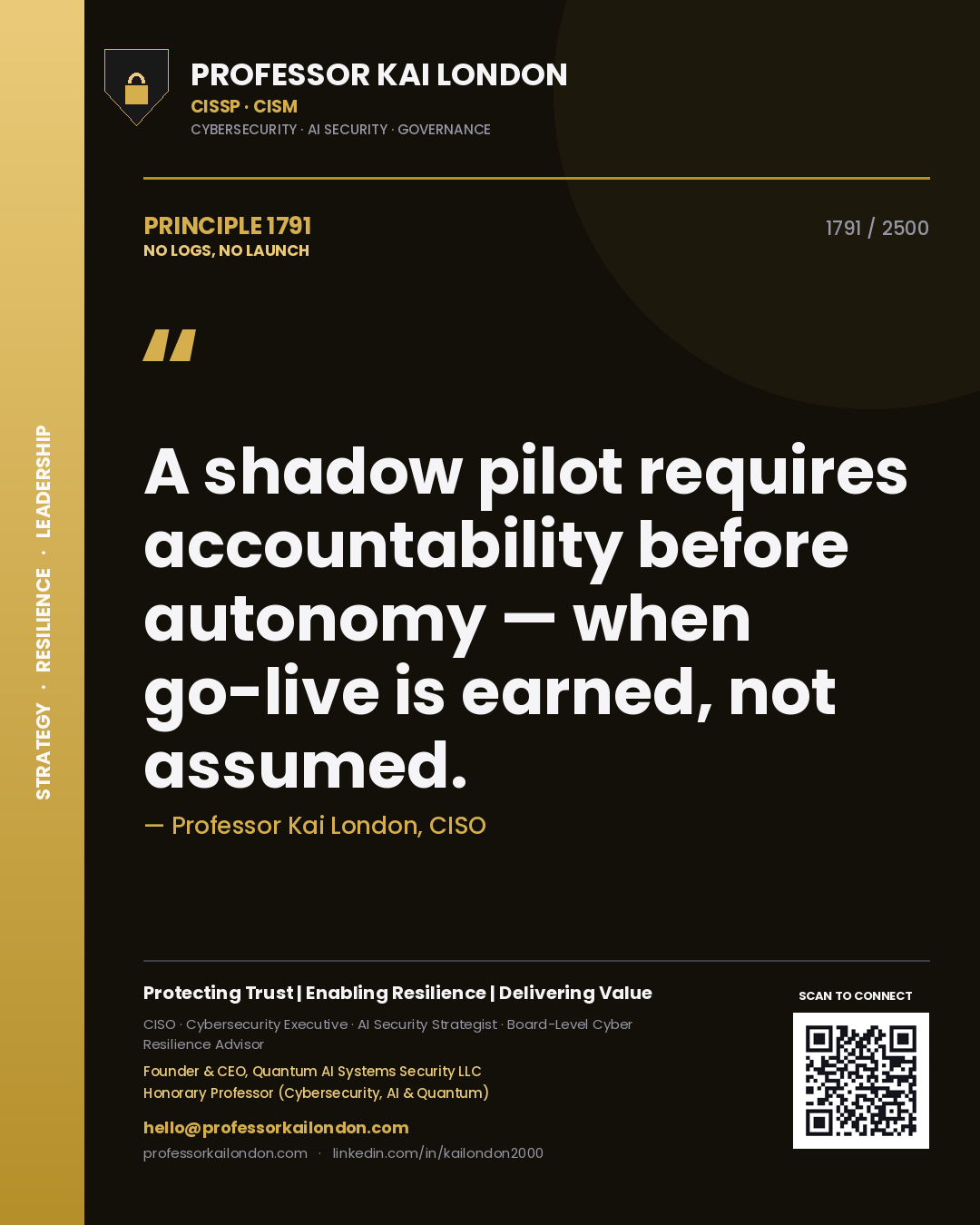 Quote card by Professor Kai London reading 'A shadow pilot requires accountability before autonomy — when go-live is earned, not assumed.'. From the book No Logs, No Launch.