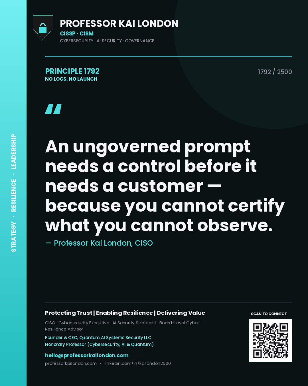 Professor Kai London principle 1792: An ungoverned prompt needs a control before it needs a customer — because you cannot certify what you cannot observe.