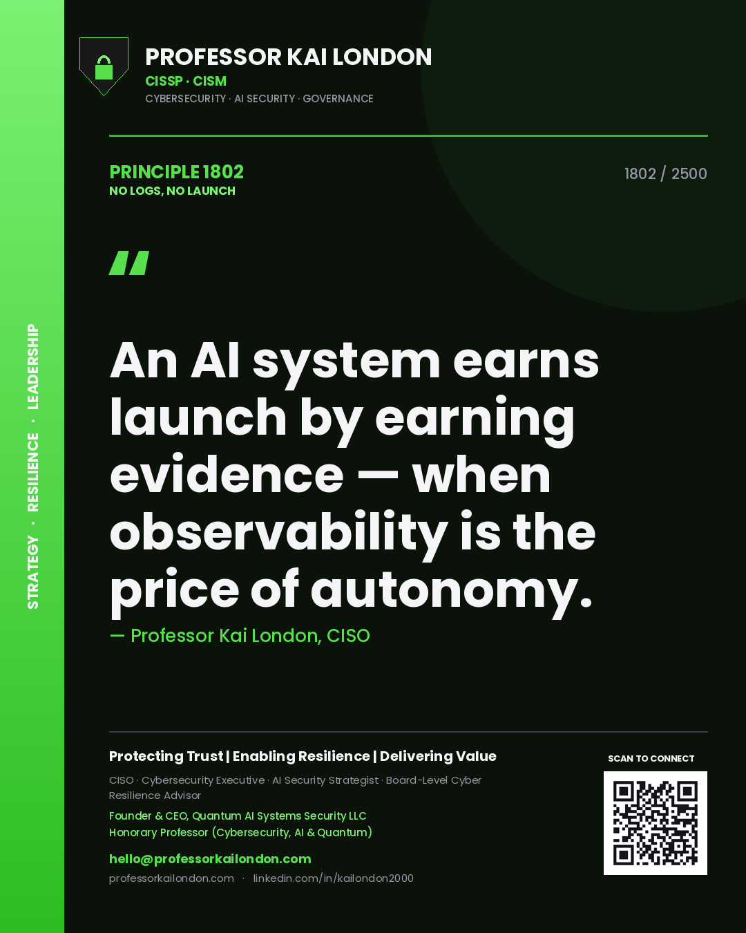 Professor Kai London principle 1802: An AI system earns launch by earning evidence — when observability is the price of autonomy.