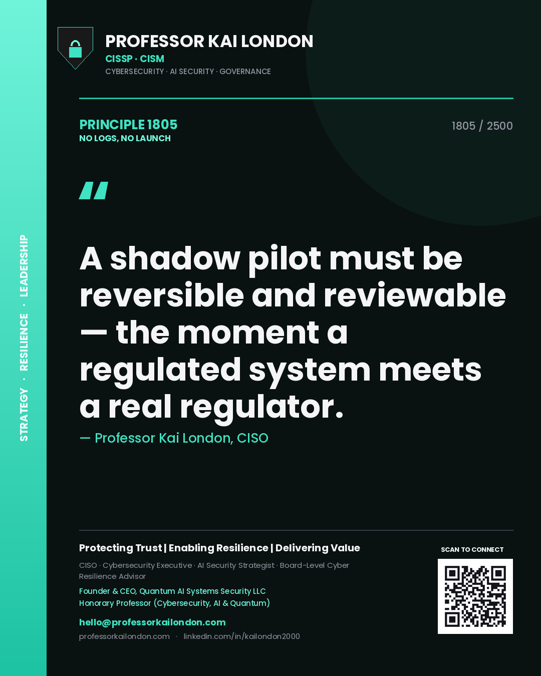 Quote card by Professor Kai London reading 'A shadow pilot must be reversible and reviewable — the moment a regulated system meets a real regulator.'. From the book No Logs, No Launch.