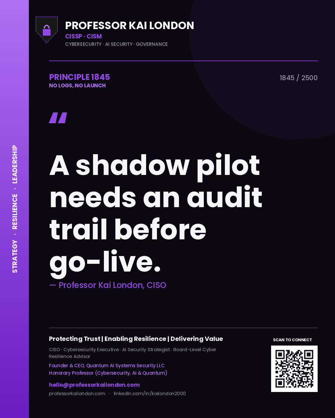 Professor Kai London principle 1845: A shadow pilot needs an audit trail before go-live.
