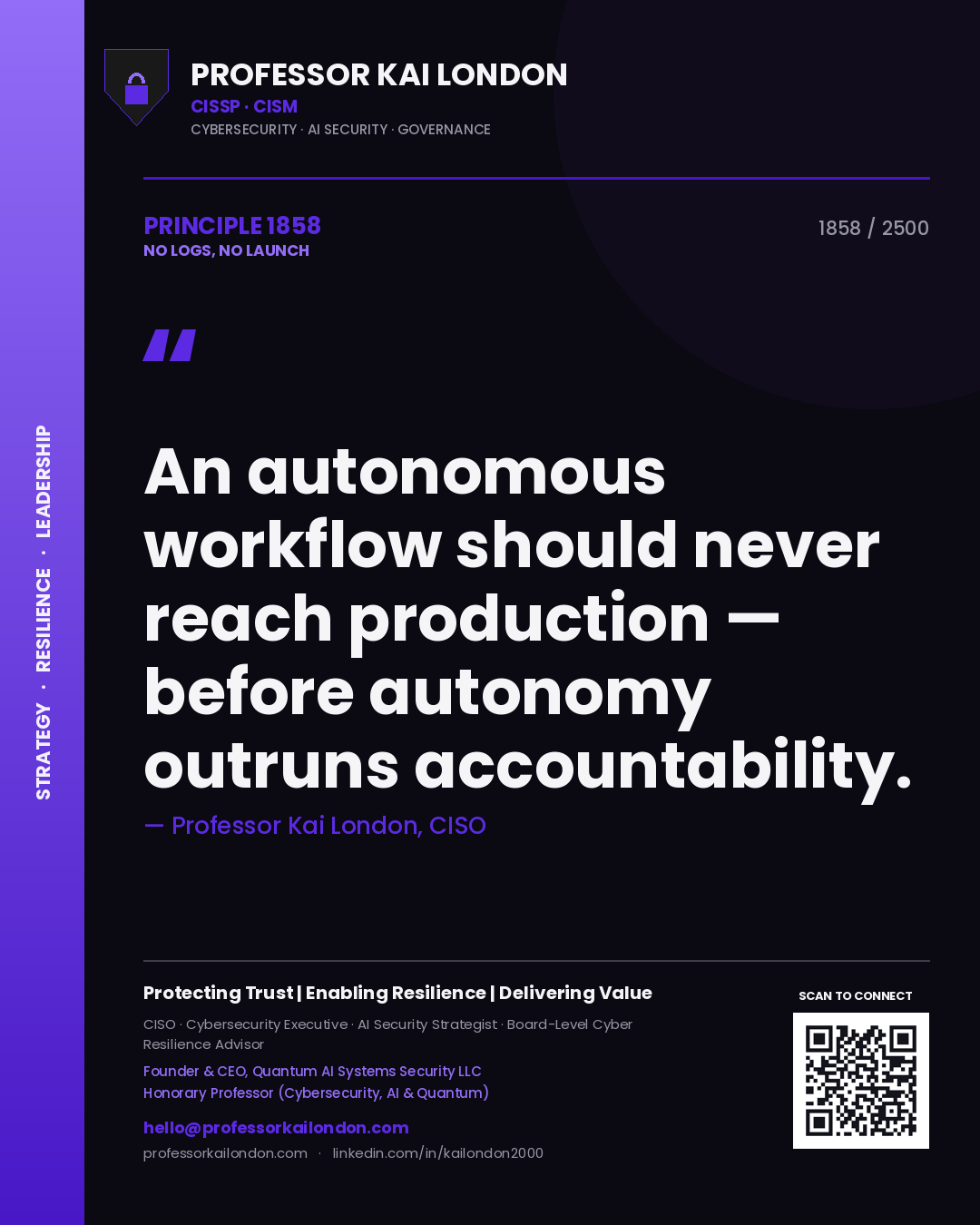 Professor Kai London principle 1858: An autonomous workflow should never reach production — before autonomy outruns accountability.