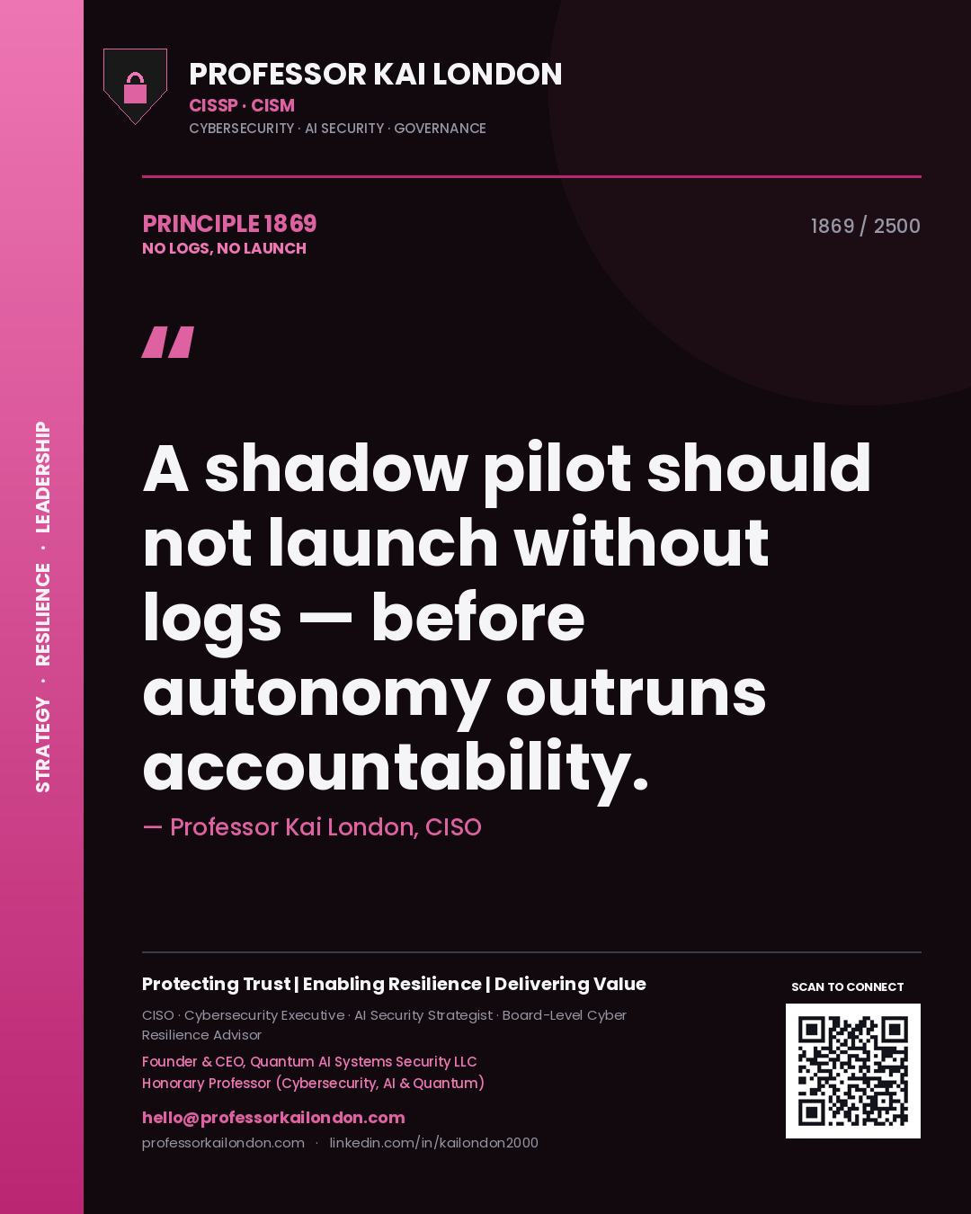 Professor Kai London principle 1869: A shadow pilot should not launch without logs — before autonomy outruns accountability.