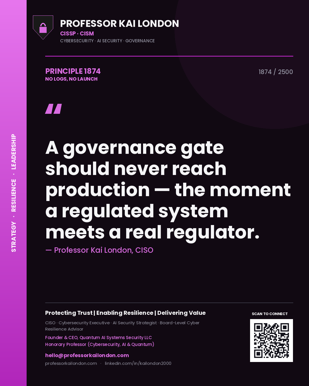 Professor Kai London principle 1874: A governance gate should never reach production — the moment a regulated system meets a real regulator.