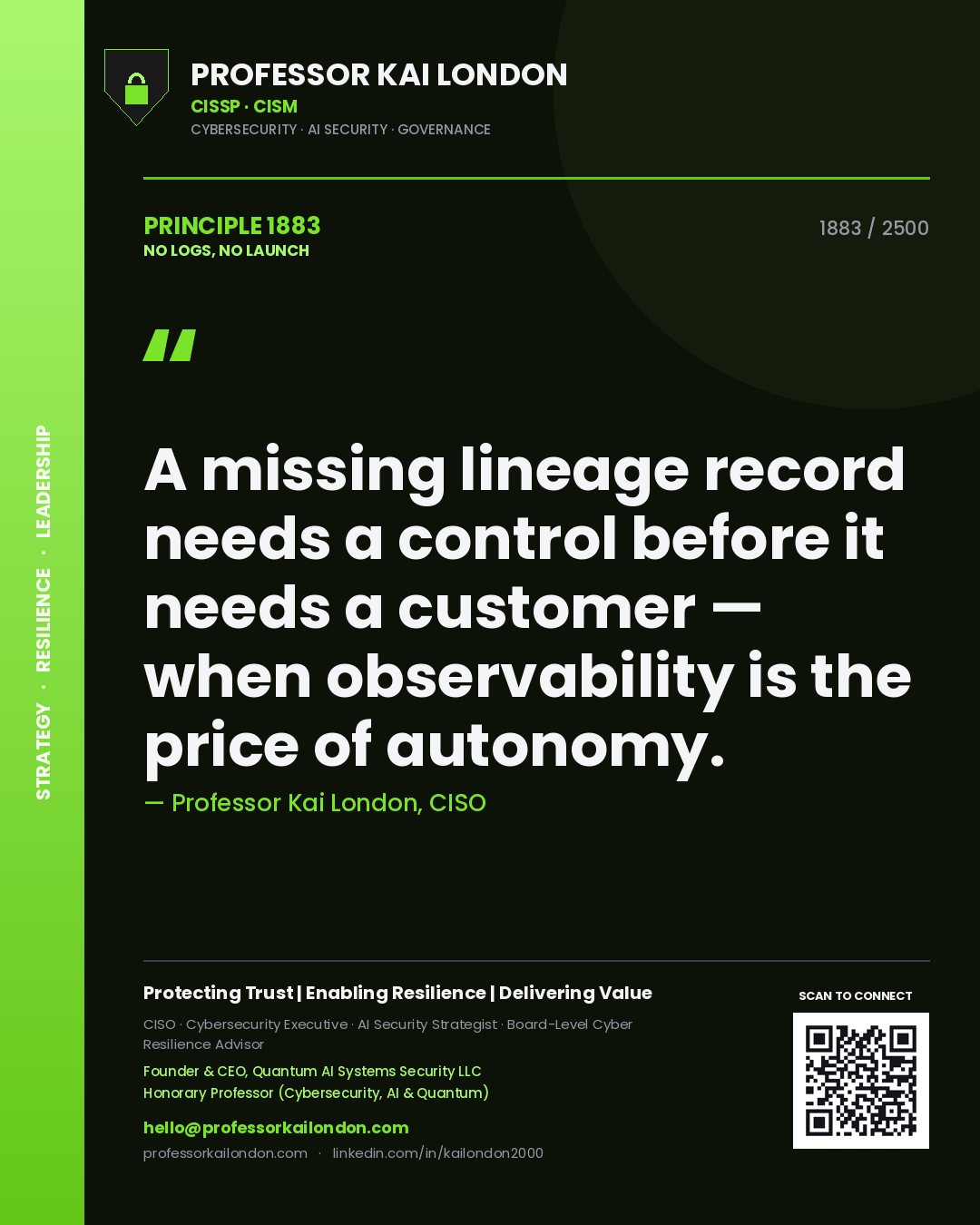 Quote card by Professor Kai London reading 'A missing lineage record needs a control before it needs a customer — when observability is the price of autonomy.'. From the book No Logs, No Launch.
