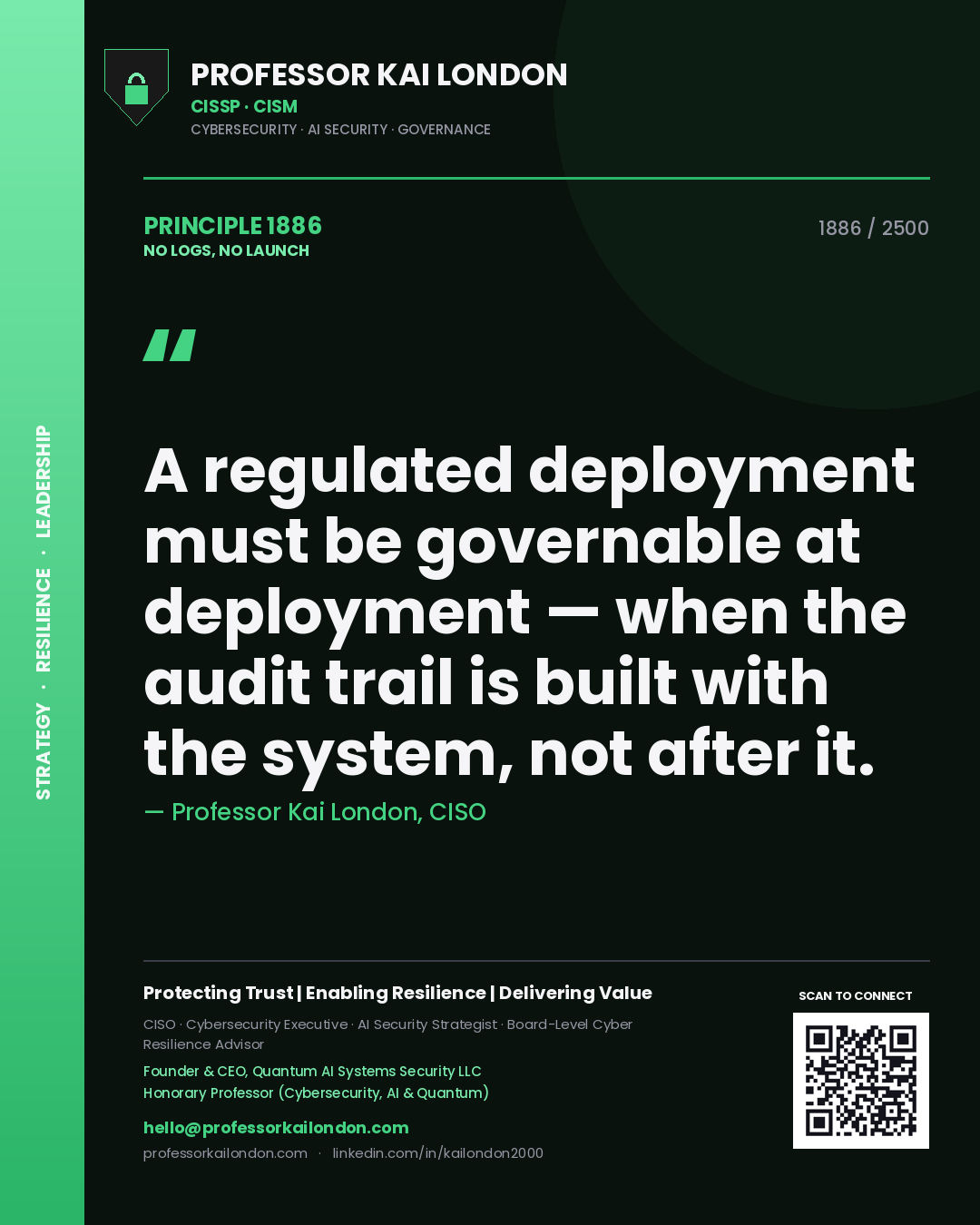 Professor Kai London principle 1886: A regulated deployment must be governable at deployment — when the audit trail is built with the system, not after it.