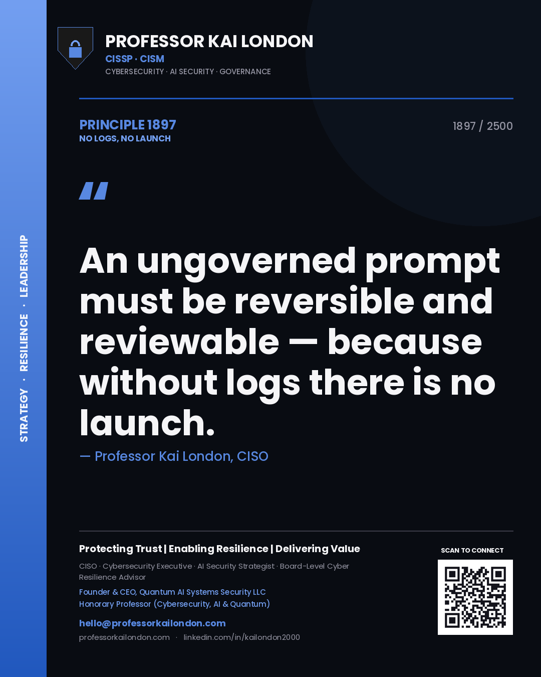 Quote card by Professor Kai London reading 'An ungoverned prompt must be reversible and reviewable — because without logs there is no launch.'. From the book No Logs, No Launch.