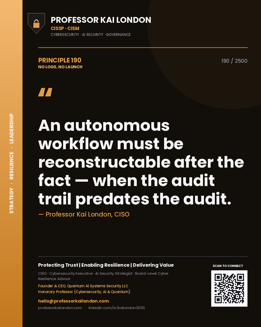 Professor Kai London principle 190: An autonomous workflow must be reconstructable after the fact — when the audit trail predates the audit.