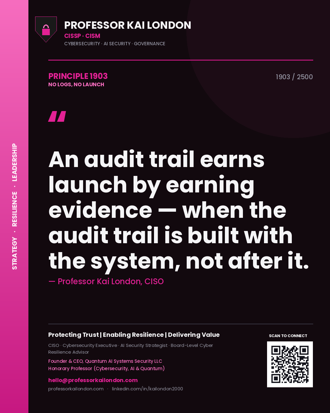 Professor Kai London principle 1903: An audit trail earns launch by earning evidence — when the audit trail is built with the system, not after it.