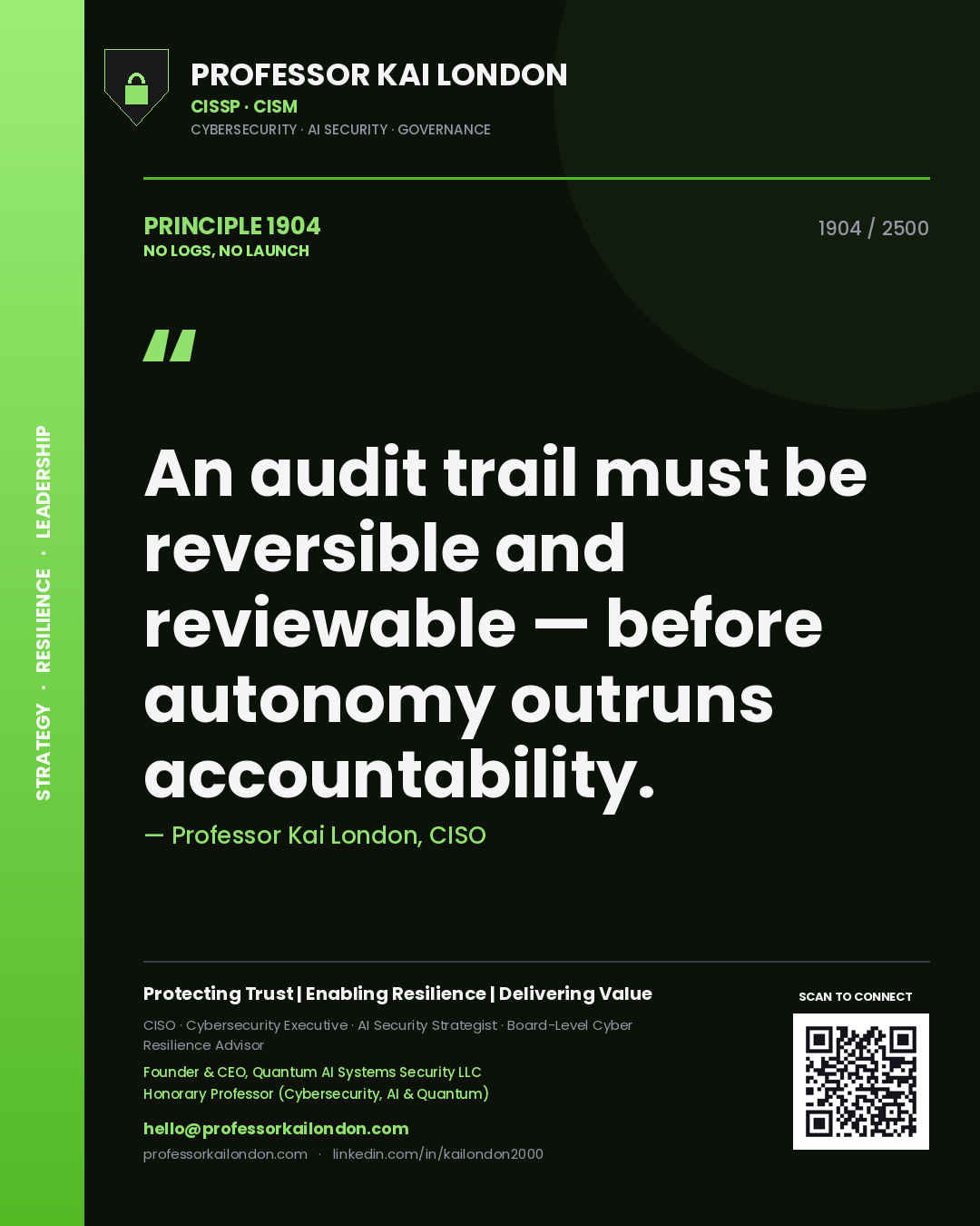 Professor Kai London principle 1904: An audit trail must be reversible and reviewable — before autonomy outruns accountability.