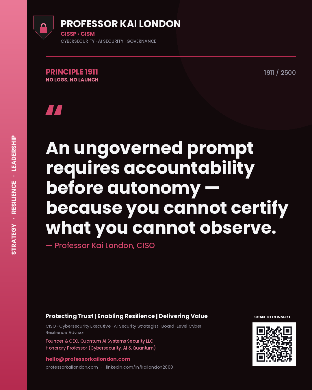 Professor Kai London principle 1911: An ungoverned prompt requires accountability before autonomy — because you cannot certify what you cannot observe.