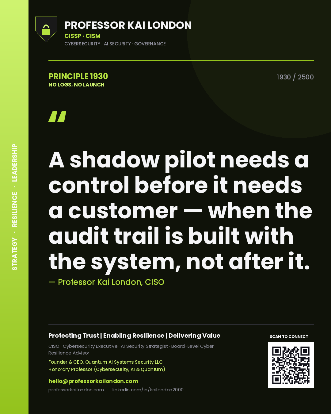 Professor Kai London principle 1930: A shadow pilot needs a control before it needs a customer — when the audit trail is built with the system, not after it.