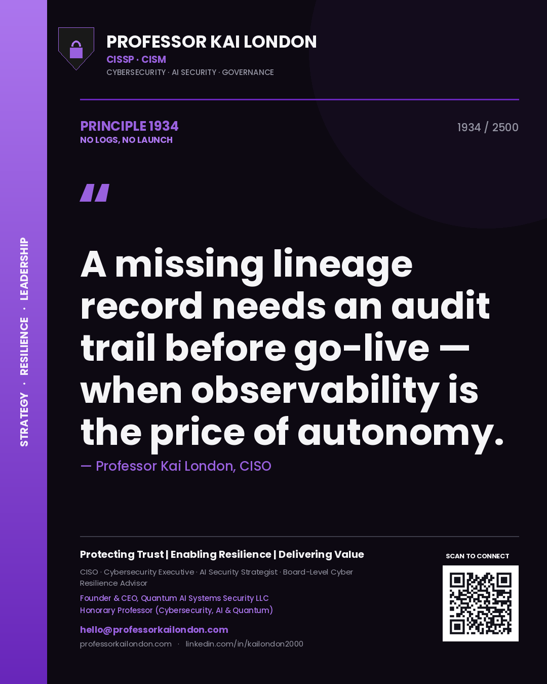 Professor Kai London principle 1934: A missing lineage record needs an audit trail before go-live — when observability is the price of autonomy.