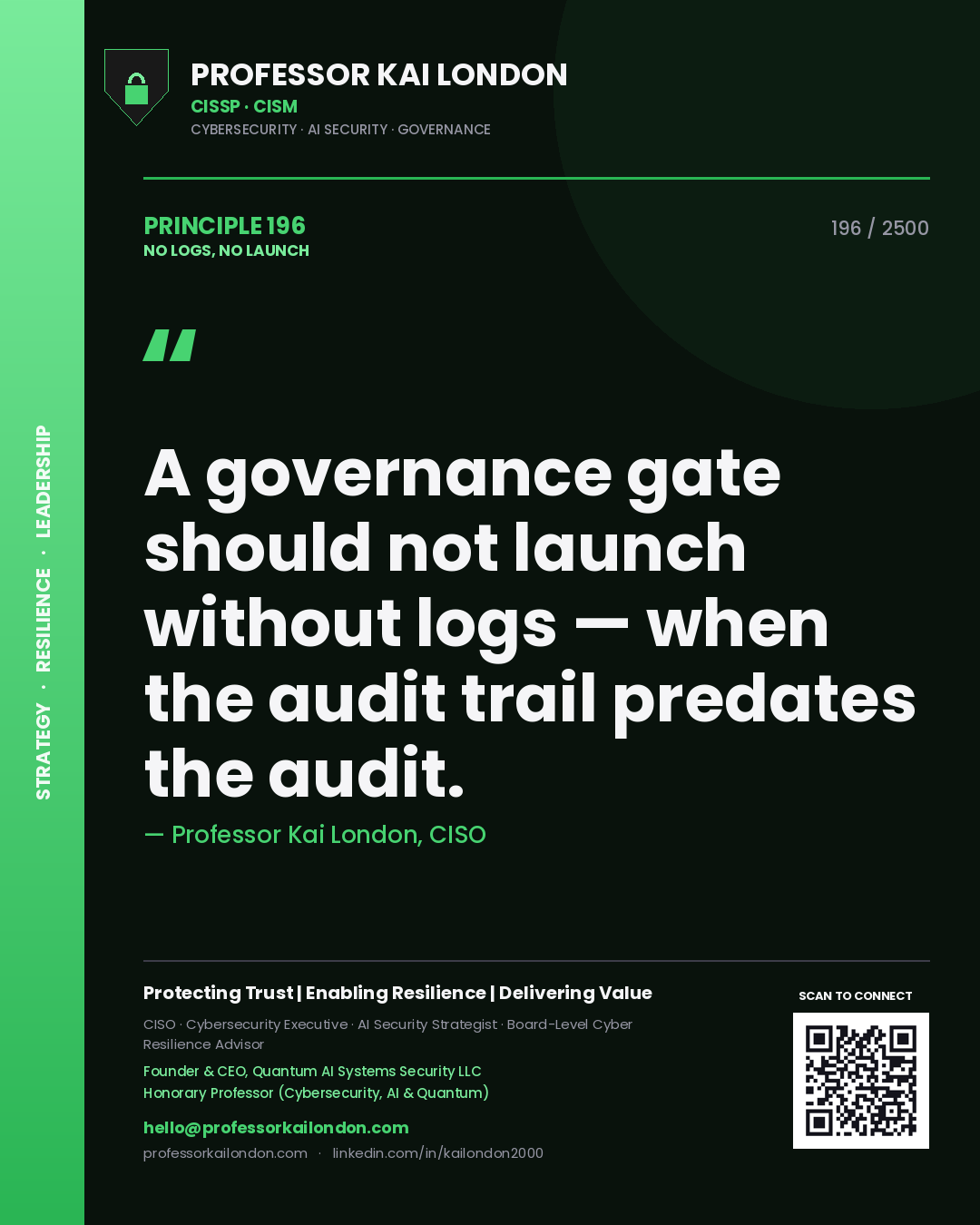 Professor Kai London principle 196: A governance gate should not launch without logs — when the audit trail predates the audit.