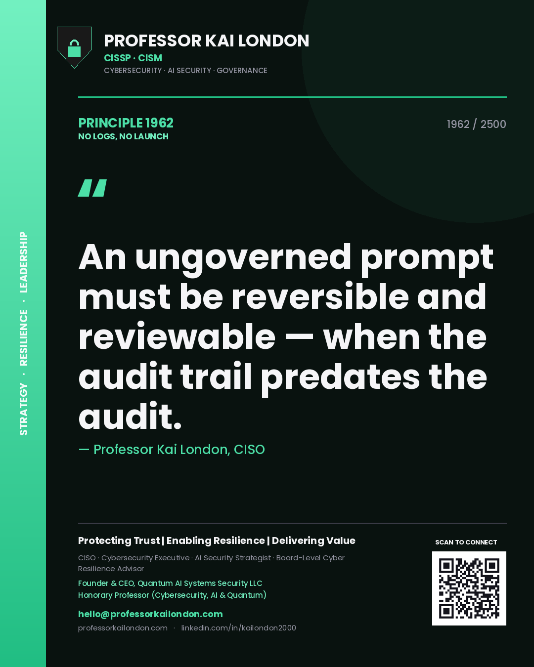Professor Kai London principle 1962: An ungoverned prompt must be reversible and reviewable — when the audit trail predates the audit.