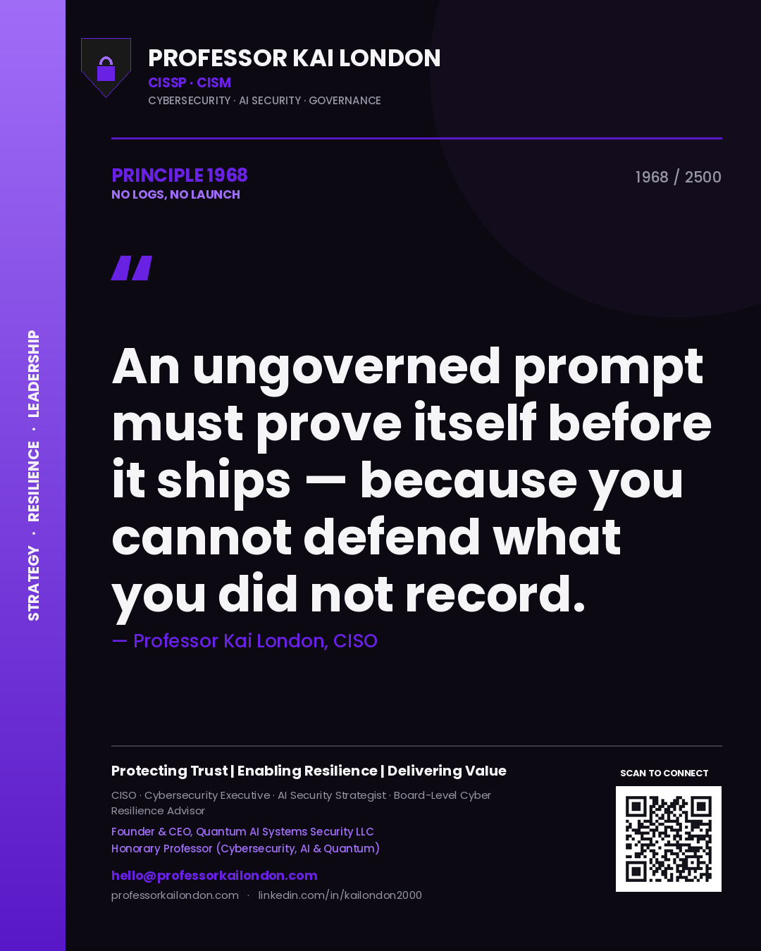 Professor Kai London principle 1968: An ungoverned prompt must prove itself before it ships — because you cannot defend what you did not record.