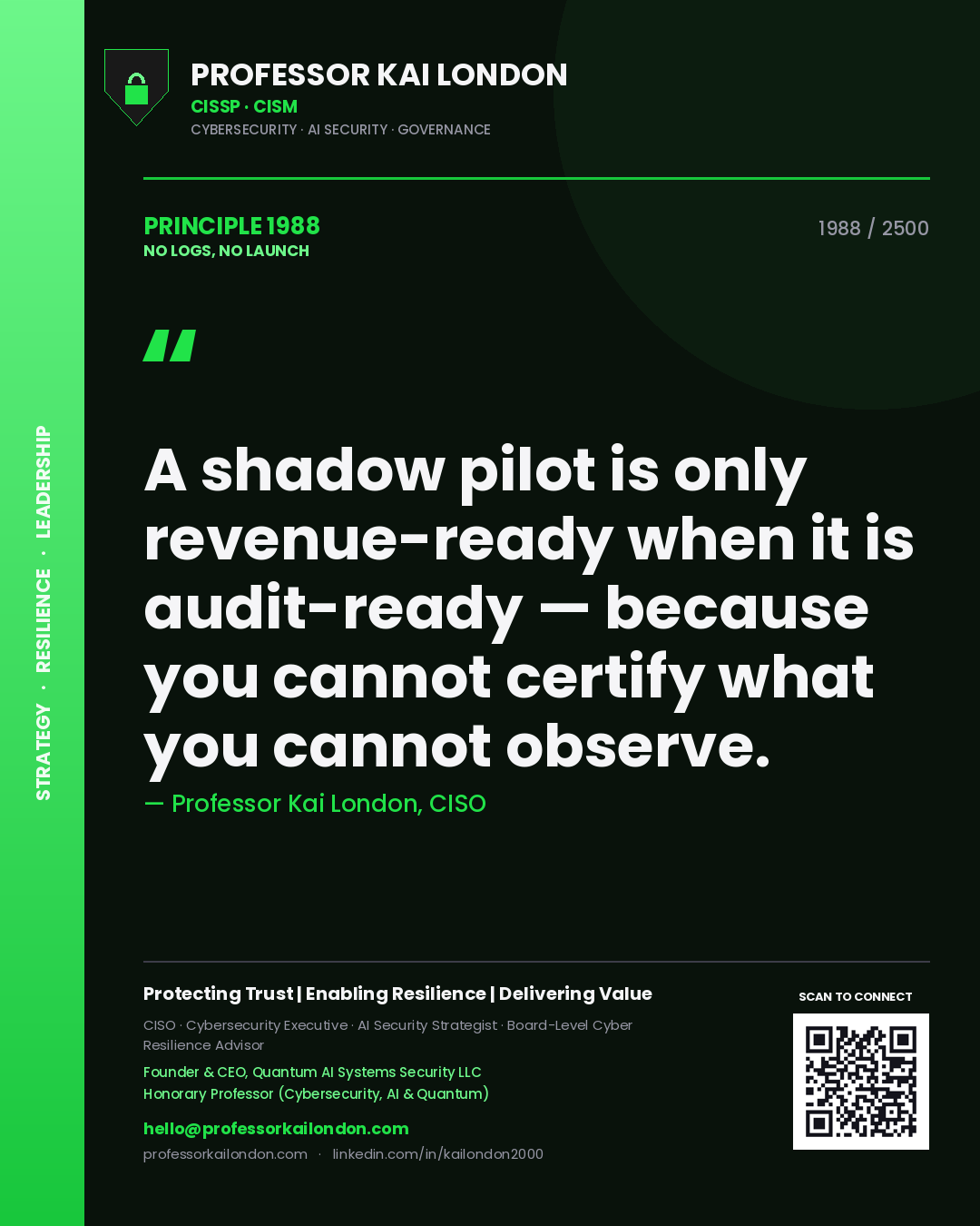 Professor Kai London principle 1988: A shadow pilot is only revenue-ready when it is audit-ready — because you cannot certify what you cannot observe.