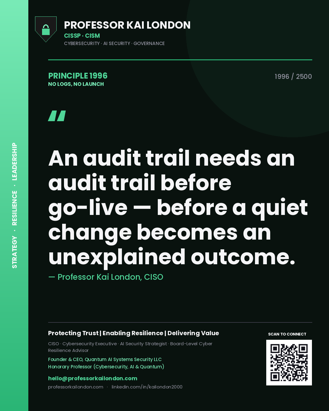 Professor Kai London principle 1996: An audit trail needs an audit trail before go-live — before a quiet change becomes an unexplained outcome.