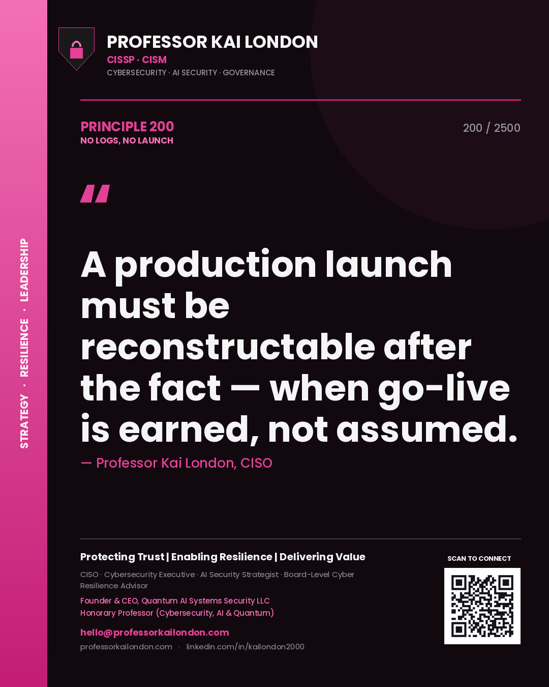Professor Kai London principle 200: A production launch must be reconstructable after the fact — when go-live is earned, not assumed.