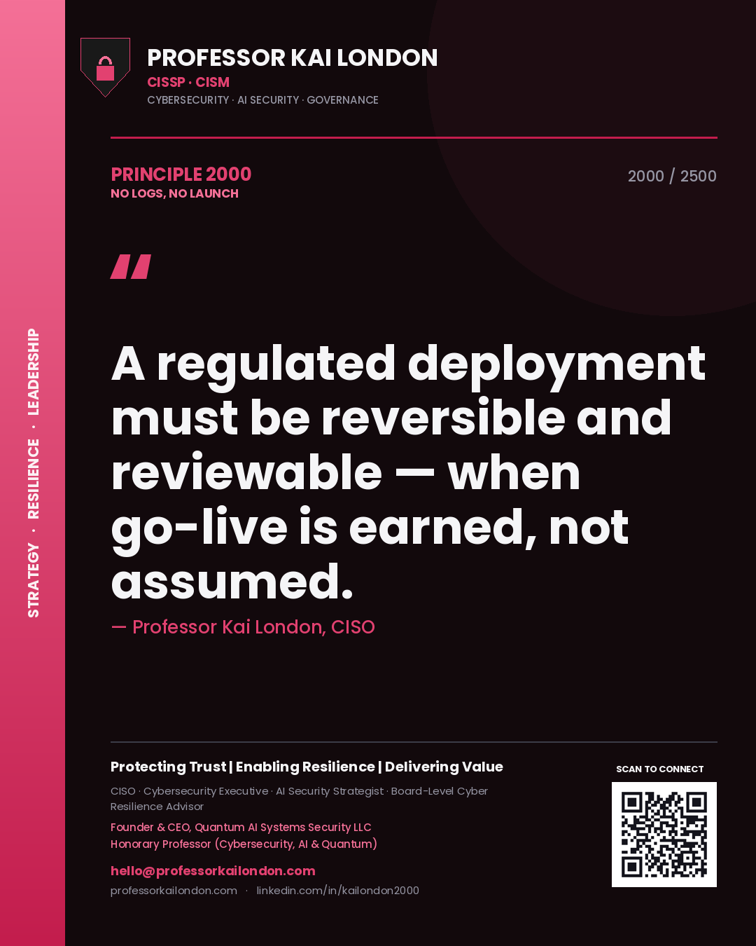 Quote card by Professor Kai London reading 'A regulated deployment must be reversible and reviewable — when go-live is earned, not assumed.'. From the book No Logs, No Launch.