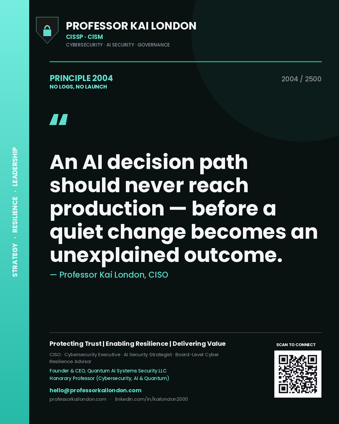 Professor Kai London principle 2004: An AI decision path should never reach production — before a quiet change becomes an unexplained outcome.