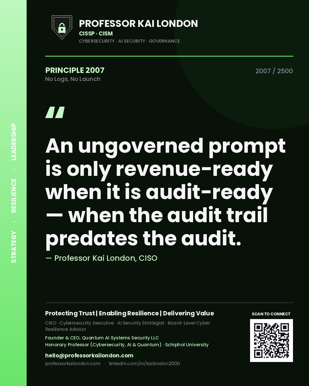 Professor Kai London principle 2007: An ungoverned prompt is only revenue-ready when it is audit-ready — when the audit trail predates the audit.