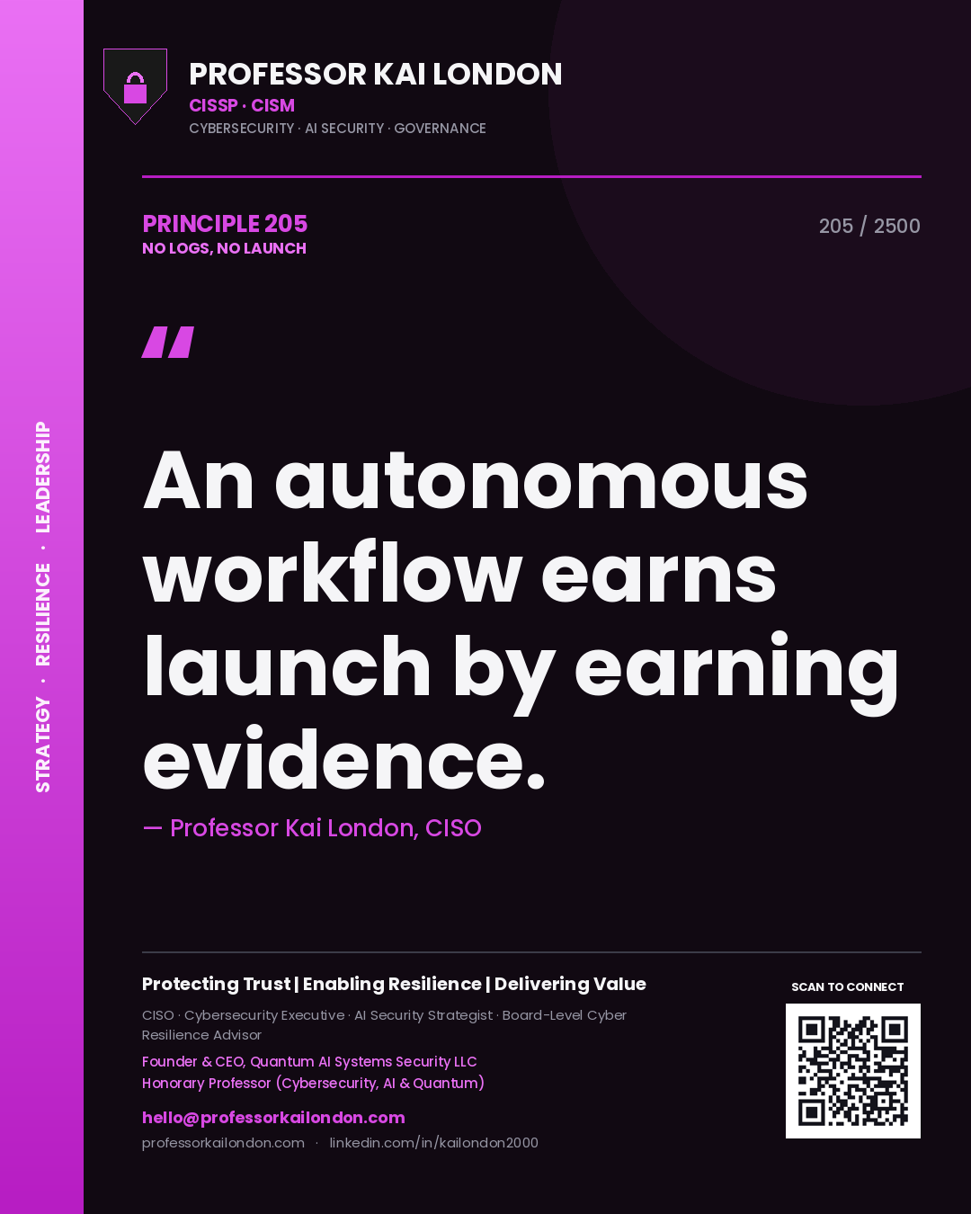 Professor Kai London principle 205: An autonomous workflow earns launch by earning evidence.