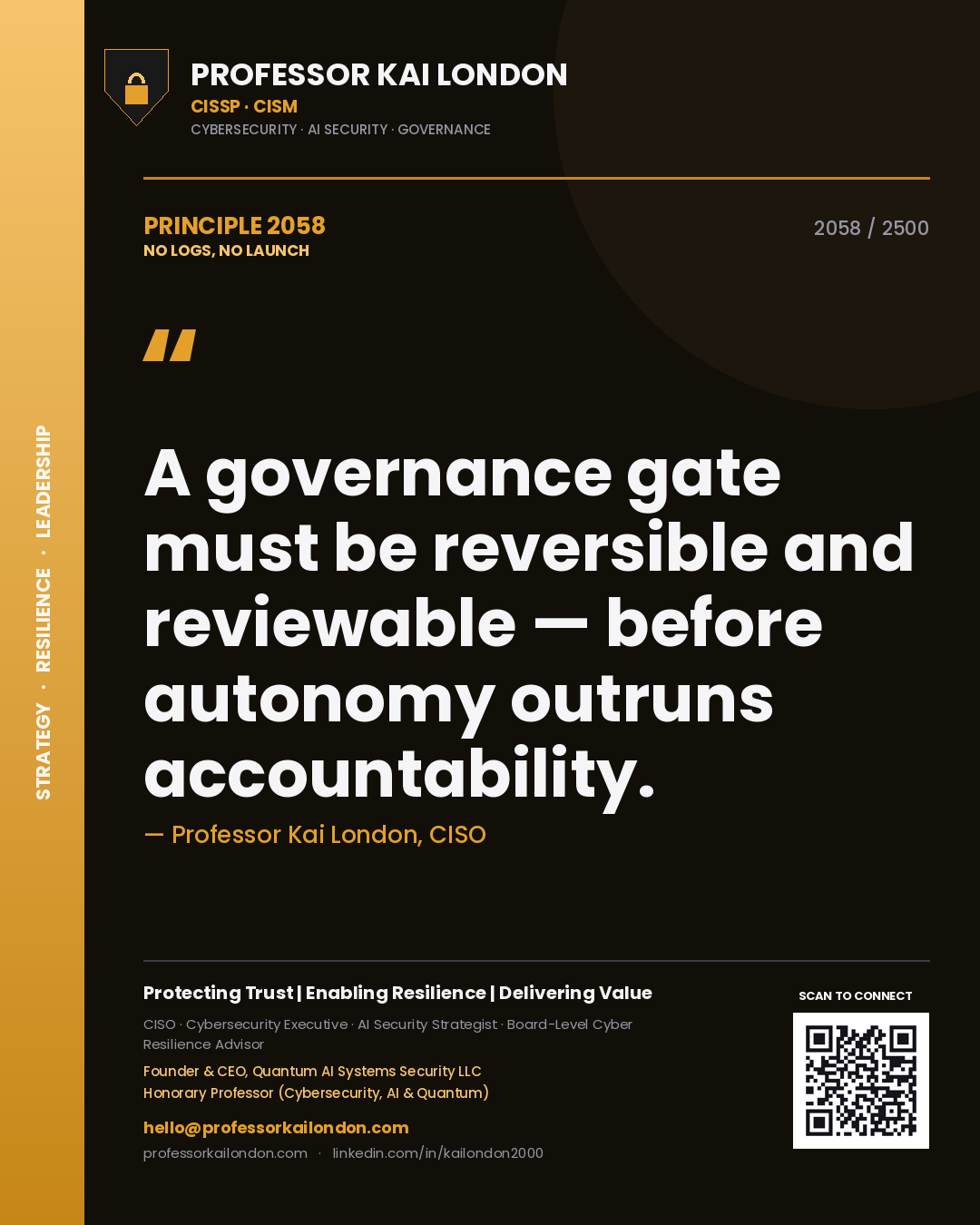 Professor Kai London principle 2058: A governance gate must be reversible and reviewable — before autonomy outruns accountability.