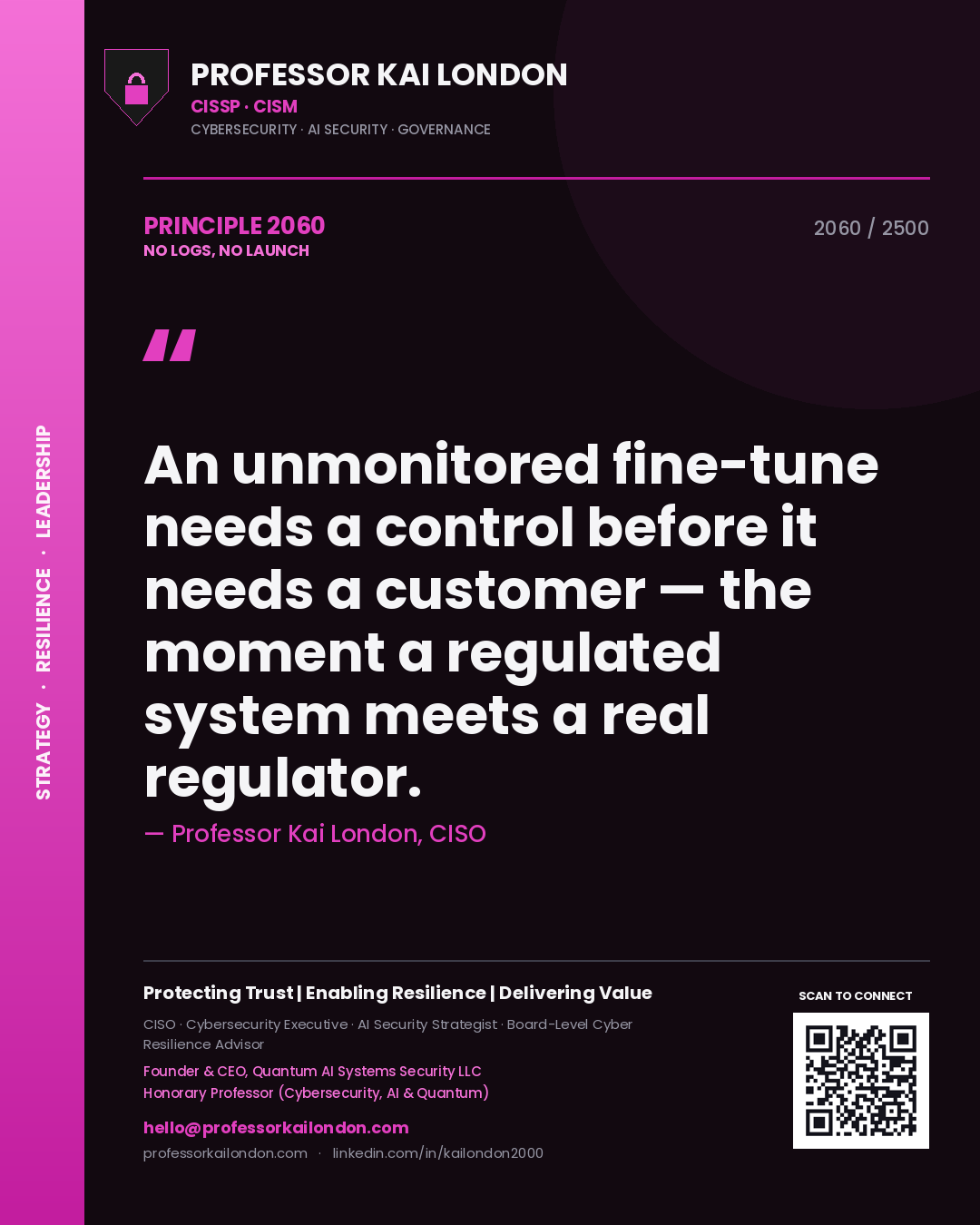 Quote card by Professor Kai London reading 'An unmonitored fine-tune needs a control before it needs a customer — the moment a regulated system meets a real regulator.'. From the book No Logs, No Launch.