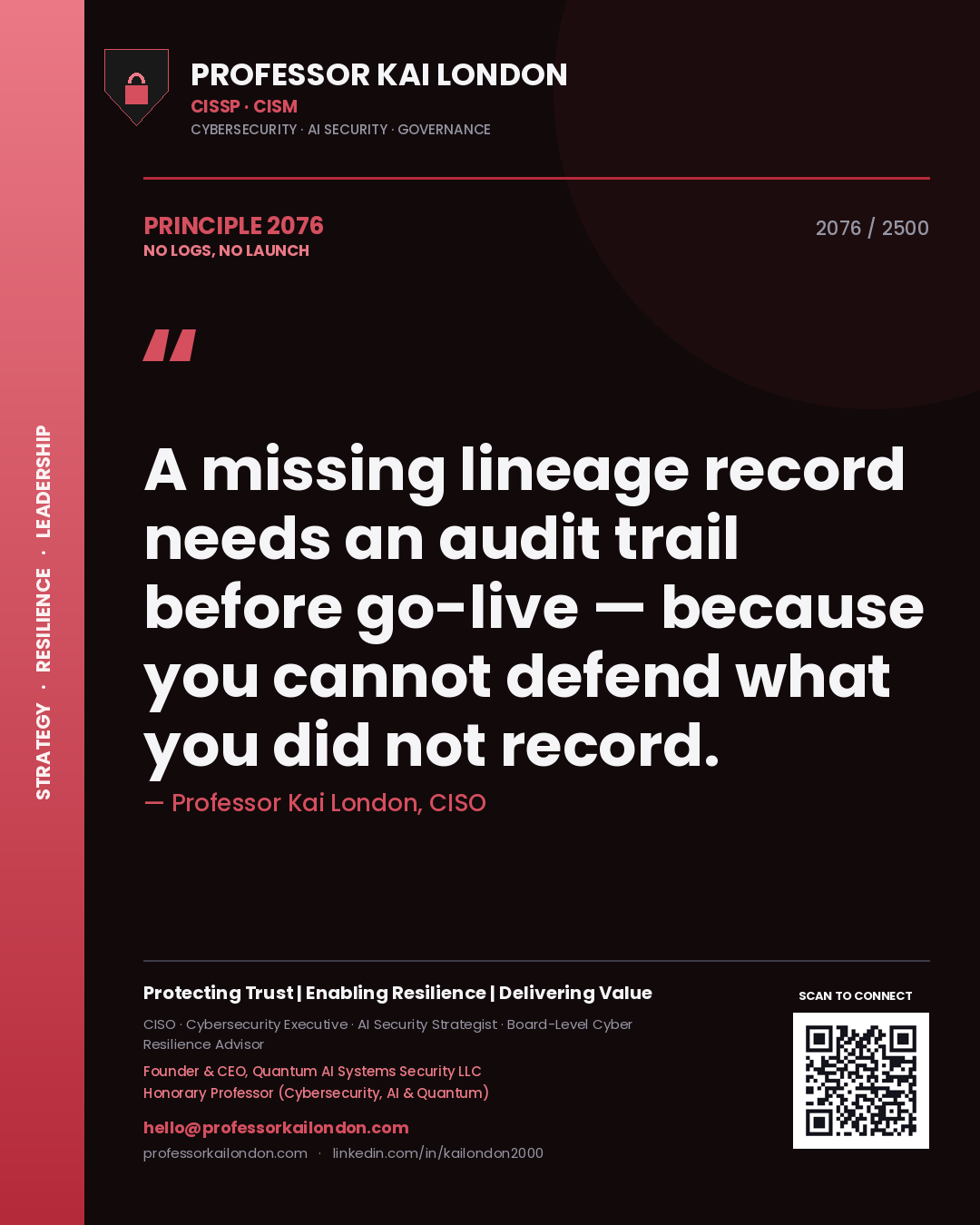 Professor Kai London principle 2076: A missing lineage record needs an audit trail before go-live — because you cannot defend what you did not record.