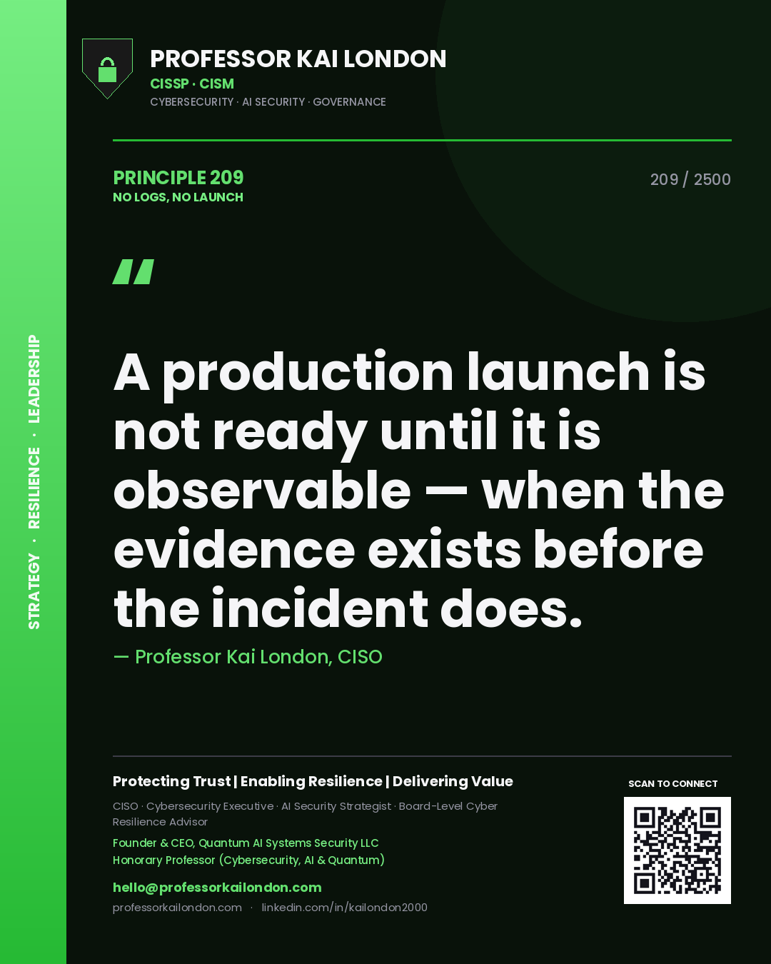 Professor Kai London principle 209: A production launch is not ready until it is observable — when the evidence exists before the incident does.
