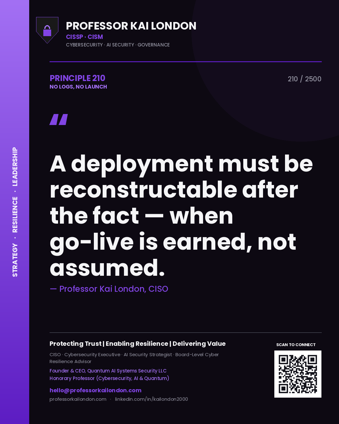 Professor Kai London principle 210: A deployment must be reconstructable after the fact — when go-live is earned, not assumed.